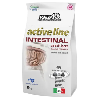 FORZA10 Nutraceutic active line INTESTINAL active Canine Formula, 10 kg. Text: Intestinal protection diet, Active Fresh System, Made in Italy, lista ingredienser synlig på förpackningen.