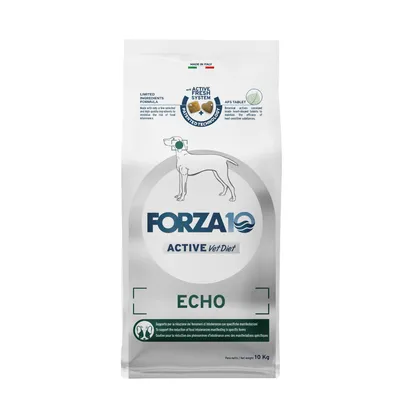 Sac de croquettes Forza10 Active Vet Diet ECHO 10 kg, texte visible : supporte la réduction des phénomènes d’intolérance avec des manifestations spécifiques. Made in Italy.