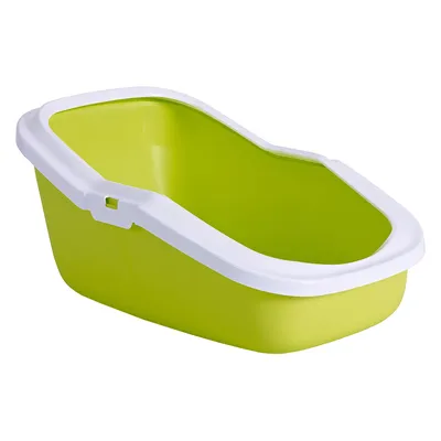 Open kattenbak van groen plastic met witte rand, lage instap aan de voorkant zichtbaar. Geen merknaam of extra tekst aanwezig.