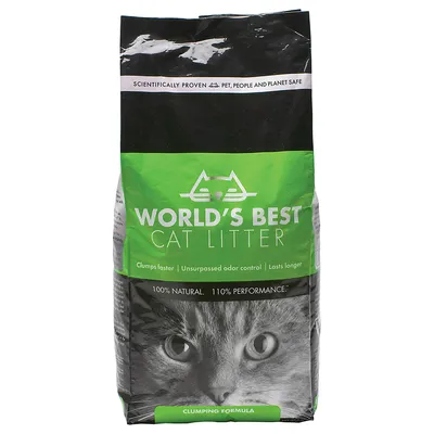 Förpackning med World's Best Cat Litter. Text: Clumps faster, unsurpassed odor control, lasts longer, 100% natural, 110% performance, clumping formula. Bild på kattansikte.