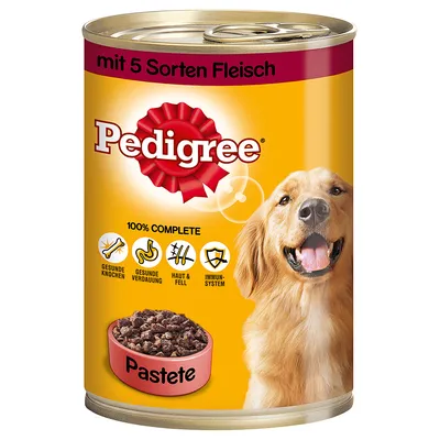 Pedigree tin with dog image, text 'mit 5 Sorten Fleisch', '100% complete', icons for bones, digestion, skin & coat, immune system, bowl labelled 'Pastete'. Text in German.