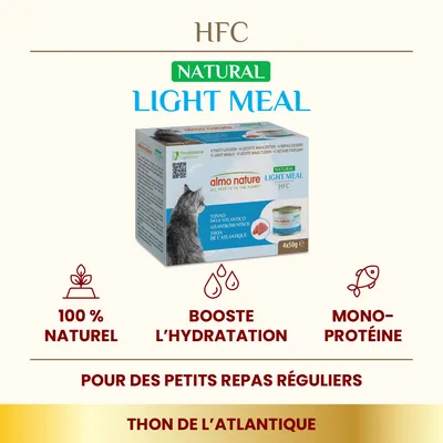 almo nature LIGHT MEAL HFC thon de l’Atlantique, 4x50g. 100 % naturel, booste l’hydratation, mono-protéine. Pour des petits repas réguliers. Texte en français visible sur l’emballage.