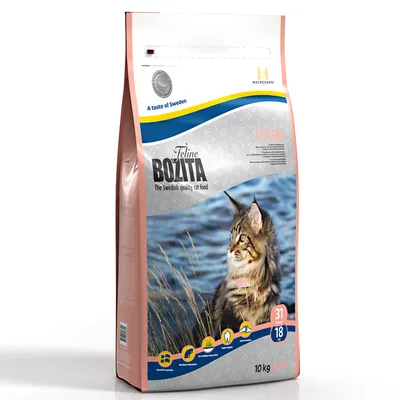 Sac hrană uscată pentru pisici Bozita Feline, 10 kg, text vizibil: 'The Swedish quality cat food', simboluri nutriționale, imagine cu pisică, valori 31 și 18 pe ambalaj.