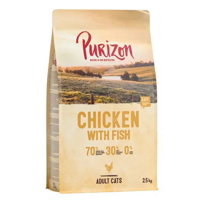 Purizon Chicken with Fish for adult cats, 2.5kg bag. Contains 70% chicken, fish and ingredients, 30% vegetables and herbs, 0% added grain. 44% protein content shown on pack.