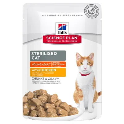 Hill's Science Plan Sterilised Cat Young Adult with Chicken, късчета в сос; изображение на котка и храна. Видим текст: без изкуствени аромати или оцветители.