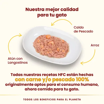 Plato con atún, langostinos, arroz y caldo de pescado. Texto: Nuestra mejor calidad para tu gato. Recetas HFC con carne y/o pescado 100% aptos para consumo humano, ahora comida para tu gato.