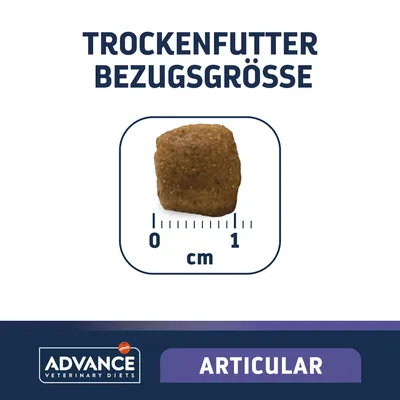 Trockenfutter Bezugsgrösse: Krokette mit Massstab von 0 bis 1 cm. Marke: Advance Veterinary Diets, Articular.