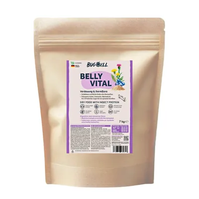 Sac de 7 kg BugBell BELLY VITAL, aliment sec avec protéines d’insectes. Texte visible en anglais et allemand sur la digestion, flore intestinale, sans additifs, probiotiques, hygiénique.