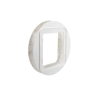 White circular tunnel extension for a pet door, showing the open centre and mounting holes for installation.