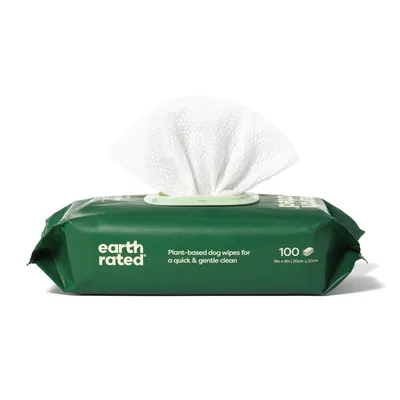Earth Rated Hundetücher, pflanzlich, für schnelle und sanfte Reinigung. Packung mit 100 Tüchern, Grösse 20x20cm.