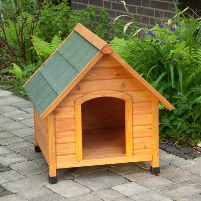 Wooden dog kennel with green shingle roof, raised off the ground on black plastic feet, shown outdoors on a stone patio with plants in the background. No visible branding or text.