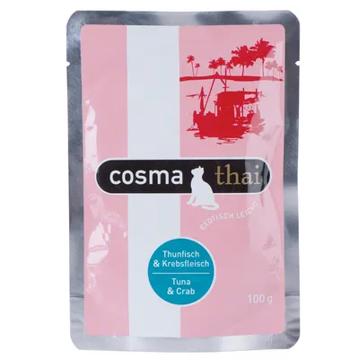 Συσκευασία cosma thai, Thunfisch & Krebsfleisch, Tuna & Crab, 100 g. Ροζ και λευκή συσκευασία με γάτα και τοπίο με φοίνικες και βάρκα.