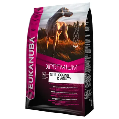 Saco de ração Eukanuba Premium 28|18 Jogging & Agility para cães adultos, com imagem de cão e texto visível sobre desempenho atlético. Indicação: todas as raças.