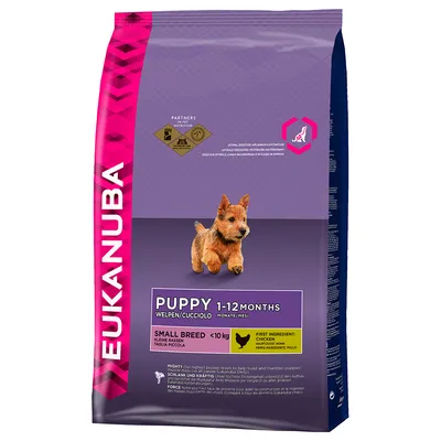 EUKANUBA Puppy 1–12 Months Small Breed <10 kg. Primeiro ingrediente: frango. Saco de ração para cachorros, com imagem de cachorro pequeno na embalagem.