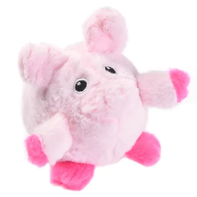Rosa Plüschspielzeug in Schweineform mit gestickten Augen und pinken Akzenten an Ohren, Füssen und Nase.