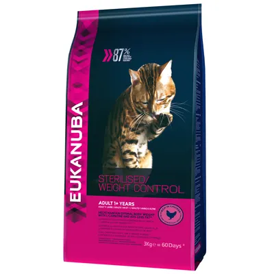 Eukanuba Sterilised/Weight Control kattenvoer, 3 kg, voor volwassen katten vanaf 1 jaar. Tekst: 87% dierlijk eiwit, rijk aan kip, 60 dagen. Afbeelding van kat op de verpakking.