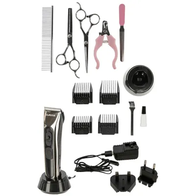 Clipster zestaw do pielęgnacji zwierząt z maszynką, grzebieniem, nożyczkami, cążkami do pazurów, pilnikiem, nasadkami, szczoteczką, olejem i ładowarką. Kompletny zestaw do pielęgnacji sierści i pazurów.