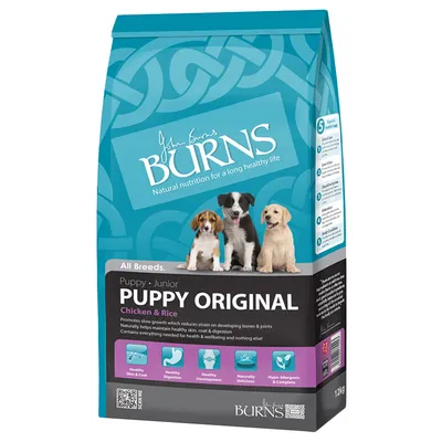 Burns Puppy Original Chicken & Rice, für alle Rassen. Unterstützt gesunde Haut, Verdauung und Entwicklung. Hypoallergen, natürlich lecker. Packungsgröße: 12kg.
