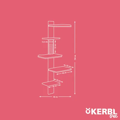 Kerbl Pet škrabadlo pre mačky s piatimi úrovňami. Rozmery: výška 150 cm, šírka 66 cm. Veľkosti platforiem: 40x25 cm, 30x20 cm, vzdialenosť medzi úrovňami: 12,5 cm a 32 cm.