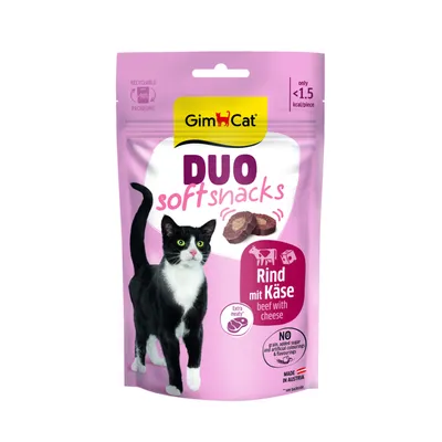GimCat Duo Soft Snacks, ternera con queso, extra carnosos, menos de 1,5 kcal por pieza, sin cereales, azúcares añadidos, colorantes ni aromas artificiales. Fabricado en Austria.
