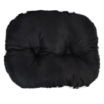 Black, padded cushion with soft surface and light quilted pattern.