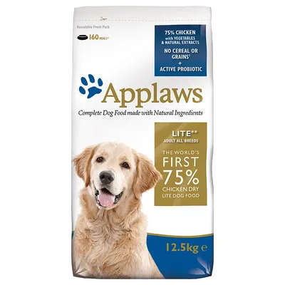 Applaws hondenvoer 12,5 kg, 75% kip, geen granen, actieve probiotica, geschikt voor volwassen honden, verpakking vermeldt 160 maaltijden en natuurlijke ingrediënten.