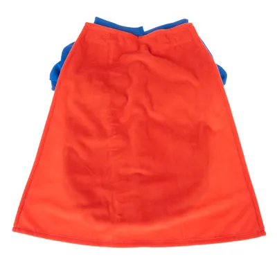 Vestito per pet in tessuto rosso e blu, vista frontale.