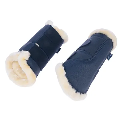 Paire de protections pour pattes en tissu bleu avec doublure intérieure en fausse fourrure beige, fermetures à scratch visibles, étiquette griffée Waldhausen sur le côté.