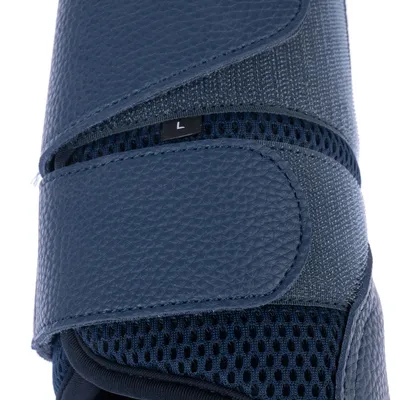 Nahaufnahme eines blauen, atmungsaktiven Materials mit Klettverschluss und Grössenkennzeichnung 'L'.