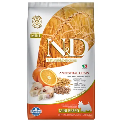 Confezione N&D Natural & Delicious Ancestral Grain Mini Breed per cani adulti, ingredienti visibili: farro, avena, merluzzo, arancia. Marchio Farmina, formula italiana, GMO free.
