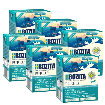 Bozita Purely Adult Dog, курица и ягненок, без зерна, с кусочками мяса. 10% белка, 7% жира, 97% свежих ингредиентов, арктические ягоды, без сахара. Шведское качество.