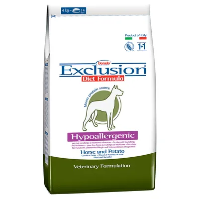 Exclusion Diet Formula Hypoallergenic Horse and Potato torrfoder för hund, 4 kg räcker i 14 dagar, mono protein source, Product of Italy, Veterinary Formulation synligt på förpackningen.
