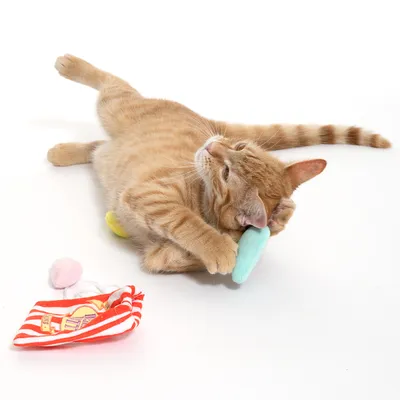 Gato rojo juega con juguete colorido para gatos, incluye una bolsa a rayas y elementos de tela suaves en azul, amarillo y rosa.