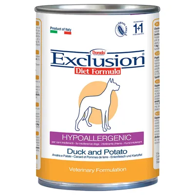 Exclusion Diet Formula, hypoallergeniskt hundfoder med anka och potatis. Produkt från Italien, spannmålsfritt, veterinärmedicinskt recept.