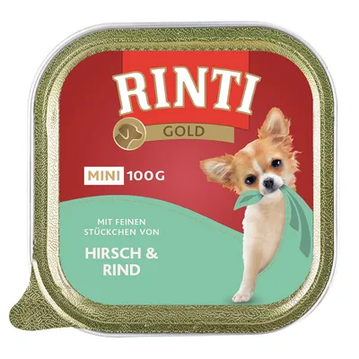 Conservă Rinti Gold MINI 100g, text german: Mit feinen Stückchen von Hirsch & Rind, imagine câine mic pe ambalaj. Ambalaj pătrat cu margini aurii.