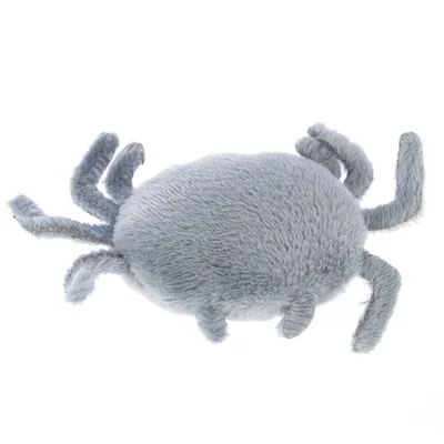 Jouet pour animal en forme de crabe, recouvert de tissu gris pelucheux, avec huit pattes visibles. Aucun texte ni marque apparente.