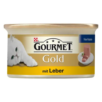 GOURMET Gold mit Leber, Feine Pastete. Dose mit Abbildung einer weißen Katze und Pastete auf Teller.
