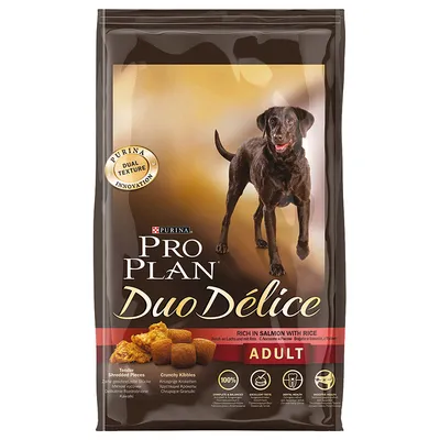 PURINA PRO PLAN Duo Délice ADULT, reich an Lachs mit Reis. Zarte Stücke und knusprige Kroketten. Dual Texture Innovation.