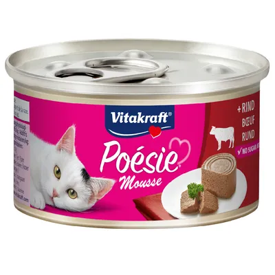 Vitakraft Poésie Mousse mit Rind, Katzenfutter in Dose, ohne Zuckerzusatz. Abbildung von Mousse und Katze auf der Verpackung.