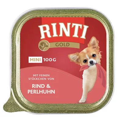 Conservă Rinti Gold MINI 100g, text vizibil: „Mit feinen Stückchen von Rind & Perlhuhn”, imagine cu un câine mic pe ambalaj. Text în germană.