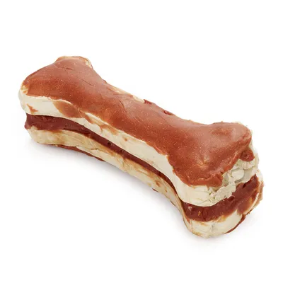 Chew bone with red meat layer and light outer shell, suitable as a snack for dogs.