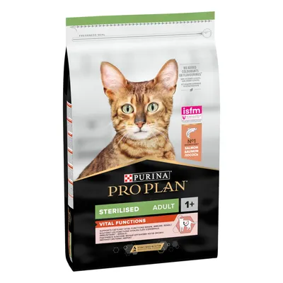 Purina Pro Plan Sterilised Adult 1+ със сьомга, подпомага жизнените функции на котки. ISFM сертифициран, без изкуствени оцветители или ароматизатори.