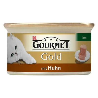 GOURMET Gold kattenvoer terrine, met Huhn. Afbeelding van een witte kat en een portie terrine op een bordje. Tekst: mit Huhn, Terrine.