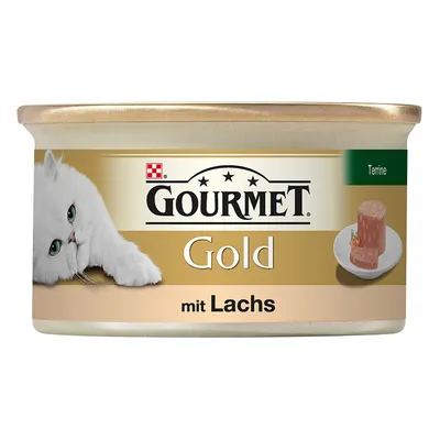 GOURMET Gold Terrine kattenvoer, mit Lachs. Blik met afbeelding van witte kat en terrine op bord. Merknaam en productinformatie zichtbaar op het etiket.