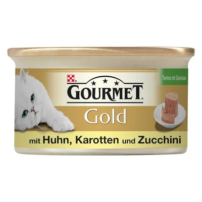 GOURMET Gold kattenvoer, terrine met groente, met kip, wortelen en courgette. Op het blik staat een witte kat en een afbeelding van de terrine op een bord.