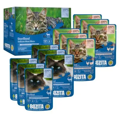 Bozita Sterilised Delicate Meat Menu kattenvoer, 12 x 85 g portiezakjes. Op de verpakking staat '100% Swedish natural quality'. Afbeeldingen van katten op doos en zakjes zichtbaar.