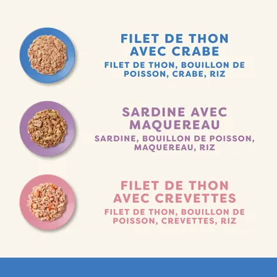 Trois variétés : Filet de thon avec crabe, sardine avec maquereau, filet de thon avec crevettes. Ingrédients : filet de thon, bouillon de poisson, crabe/maquereau/crevettes, riz.