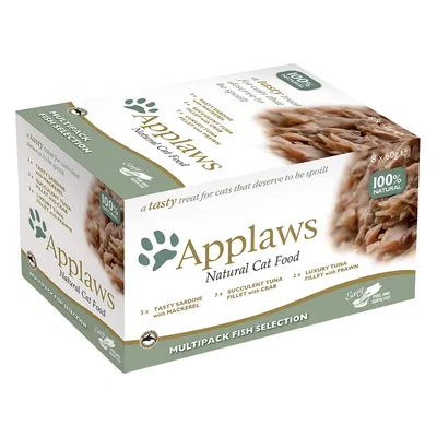 Applaws Natural Cat Food Multipack Fish Selection, 8 x 60g. Lajit: sardiini ja makrilli, tonnikala ja rapu, tonnikala ja katkarapu. 100 % luonnollinen, helppo avata.