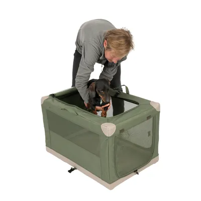 Caja de transporte verde con ventanas de malla, perro colocado dentro. Adecuada para el transporte seguro de mascotas.