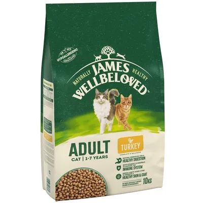 James Wellbeloved Adult Cat 1-7 years, turkey, hypoallergenic, natural ingredients for healthy digestion, immune system and skin & coat. No artificial additives. Pack size: 10kg.